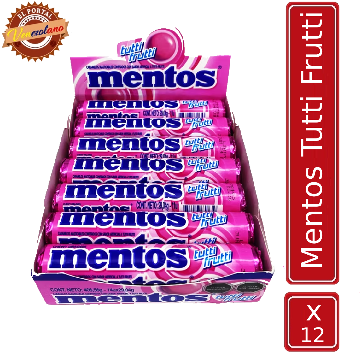 Pack de 12 caramelos Mentos Tutti Frutti venezolanos, disponible en Colombia