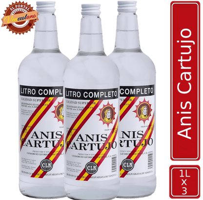 Pack de 3 anís Cartujo original 1 litro venezolano, disponible en Colombia