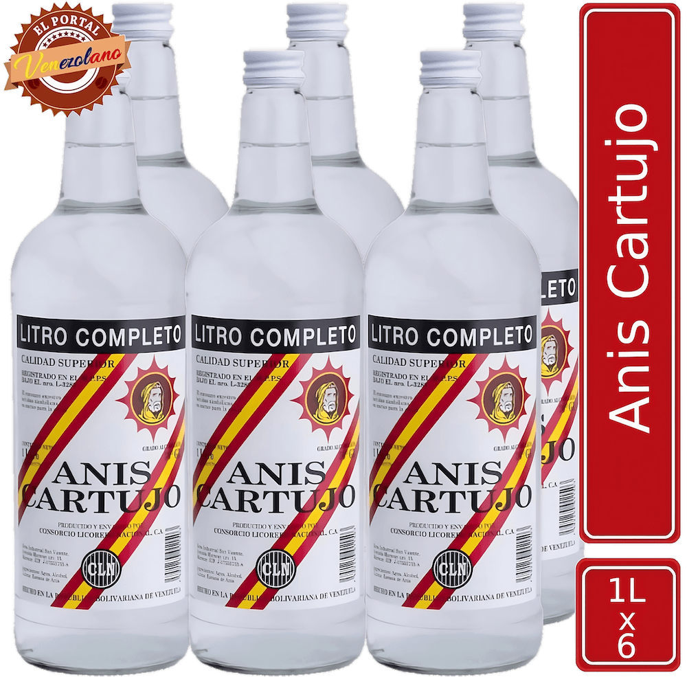 Pack de 6 anís Cartujo original 1 litro venezolano, disponible en Colombia