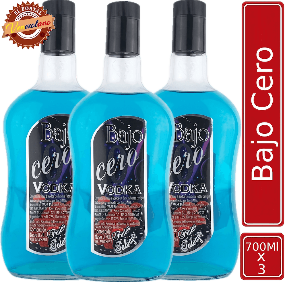 Pack de 3 vodka Bajo Cero Azul frutas salvajes venezolano, disponible en Colombia