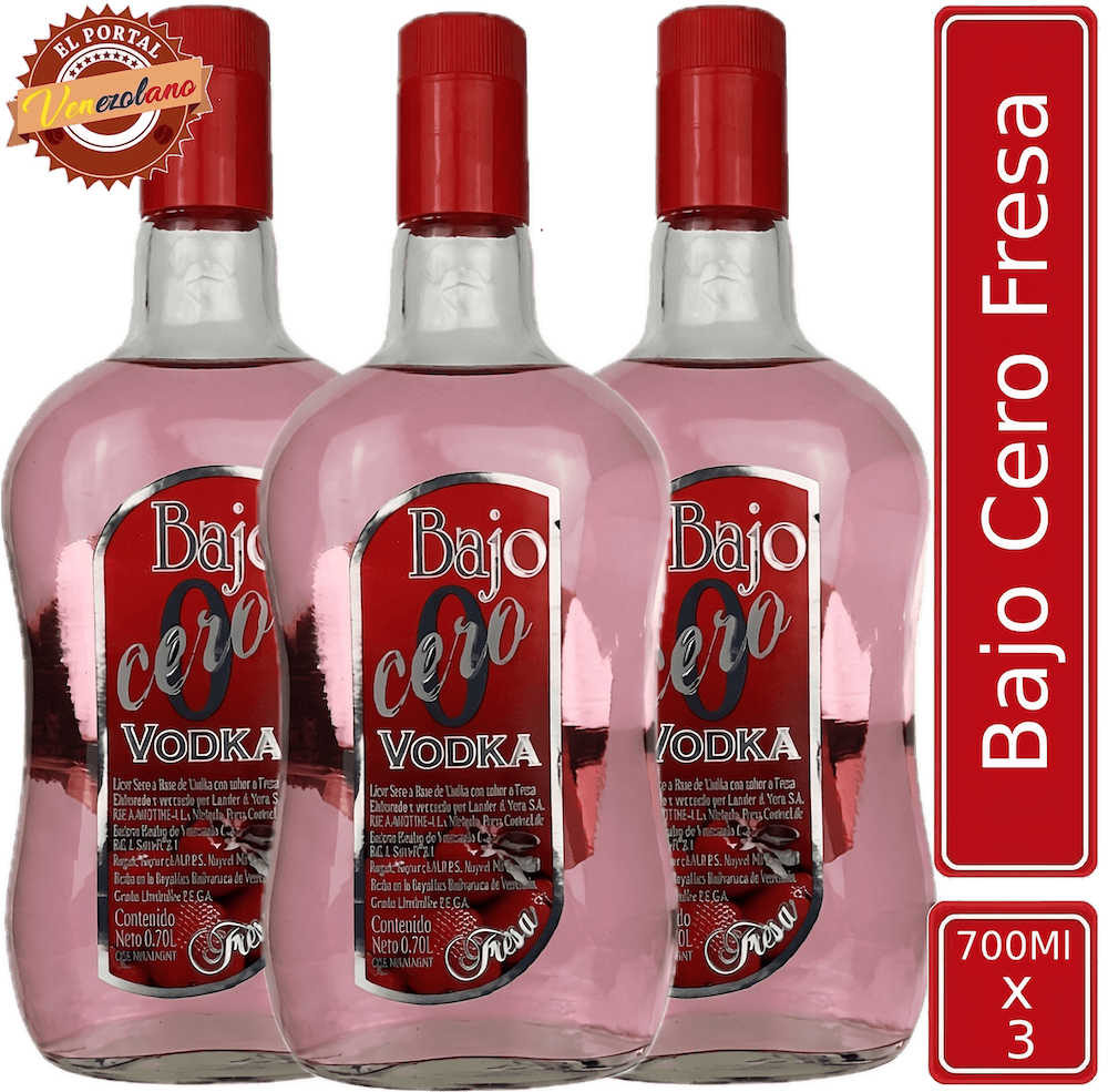 Pack de 3 vodka Bajo Cero de fresa venezolano, disponible en Colombia