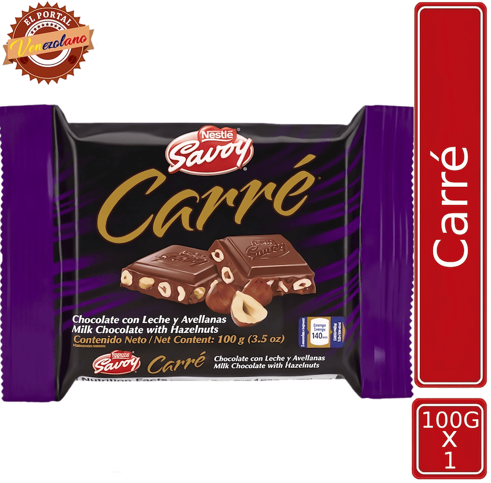 Chocolate Savoy con leche y avellanas Carré 100g venezolano, disponible en Colombia