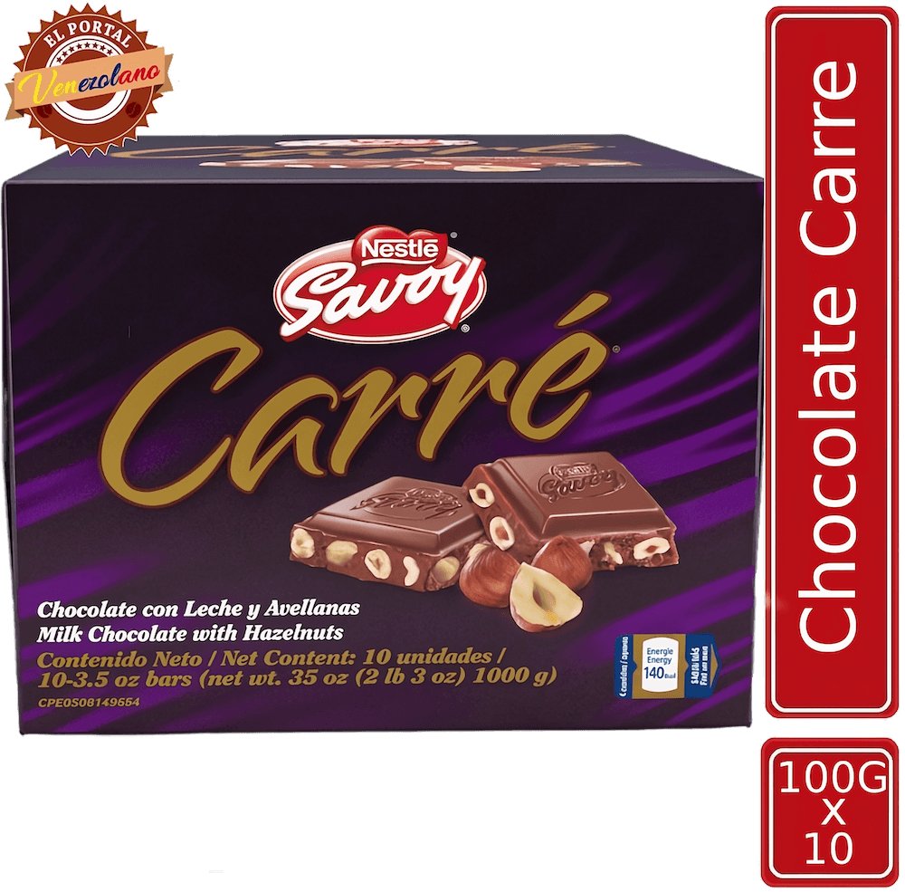Pack de 10 chocolate Savoy Carré 100g con avellanas venezolano, disponible en Colombia