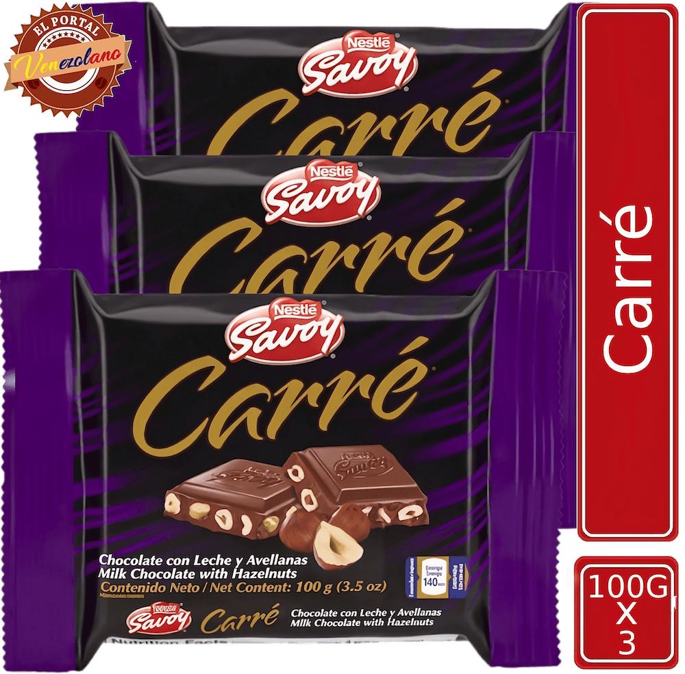 Pack de 3 chocolate Savoy Carré 100g con avellanas venezolano, disponible en Colombia