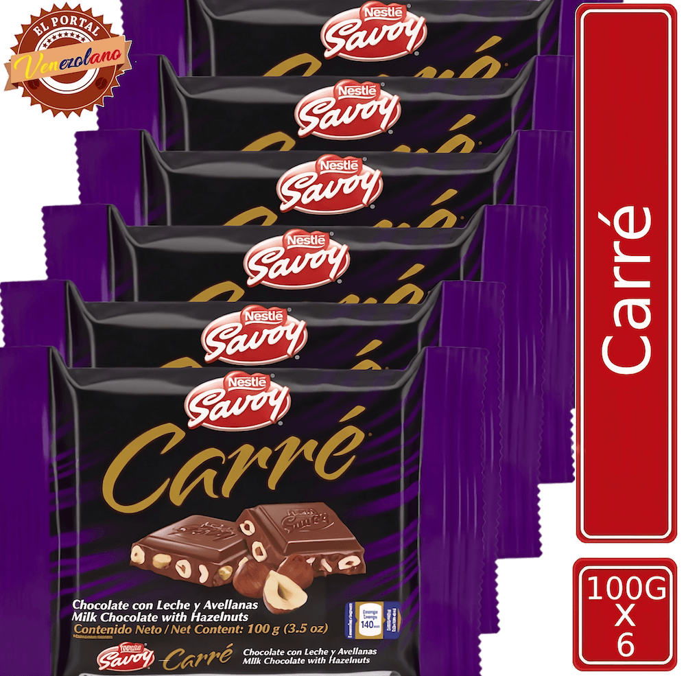 Pack de 6 chocolate Savoy Carré 100g con avellanas venezolano, disponible en Colombia