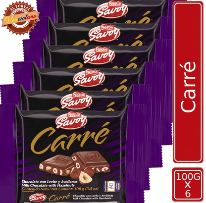Pack de 6 chocolate Savoy Carré 100g con avellanas venezolano, disponible en Colombia