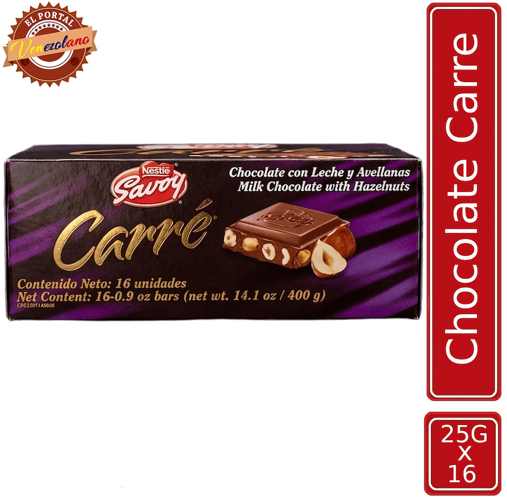 Pack de 16 chocolate Savoy Carré Miní con avellanas venezolano, disponible en Colombia