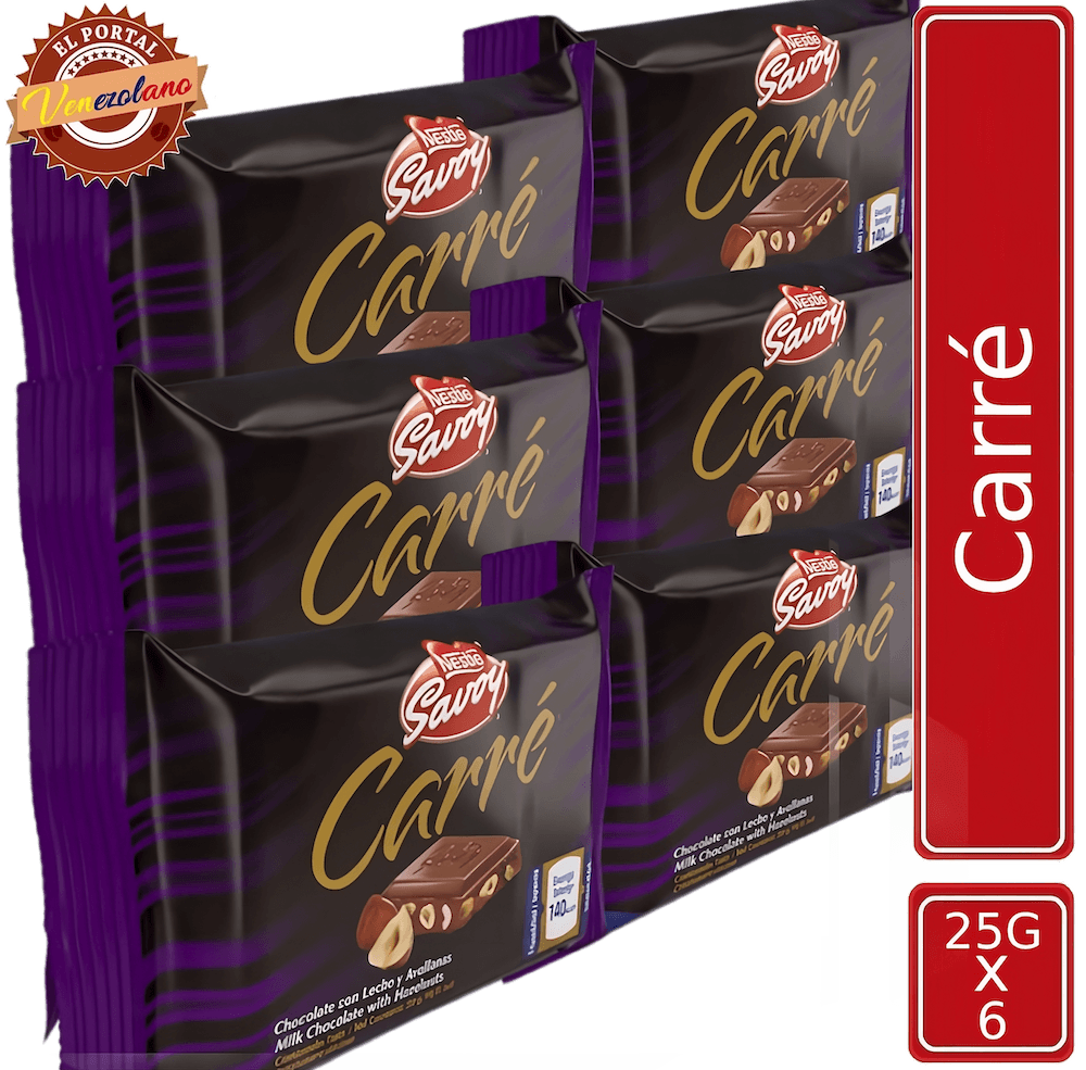 Pack de 6 chocolate Savoy Carré Miní con avellanas venezolano, disponible en Colombia