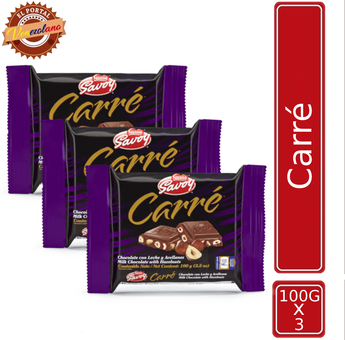 Chocolate Savoy Con Leche Y Avellanas Carré 100gr Venezuela x 3