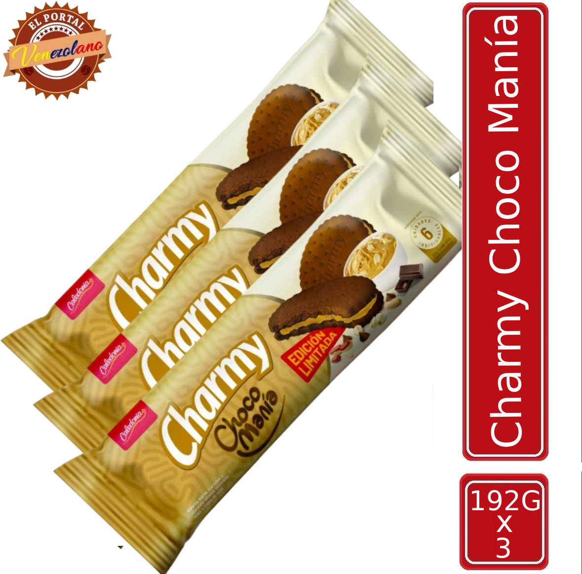 Pack de 3 galletas Charmy choco manía venezolanas, disponible en Colombia