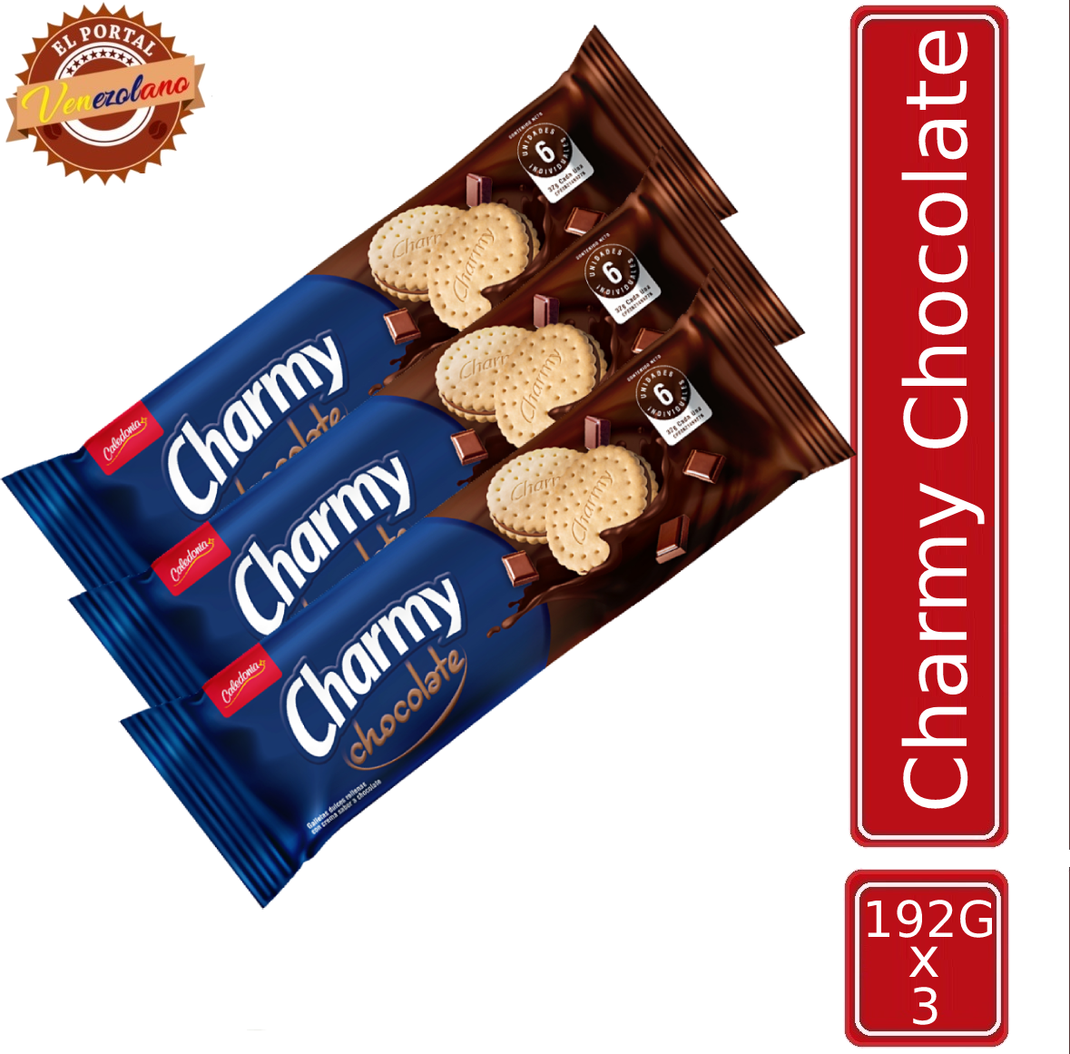 Pack de 3 galletas Charmy de chocolate venezolanas, disponible en Colombia