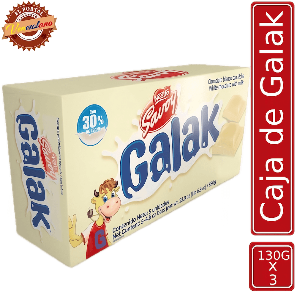 Pack de 5 chocolates Galak 130g venezolano, disponible en Colombia