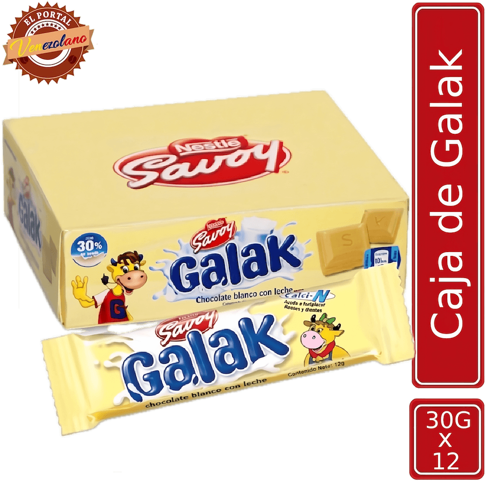 Pack de 12 chocolates Galak 30g venezolano, disponible en Colombia