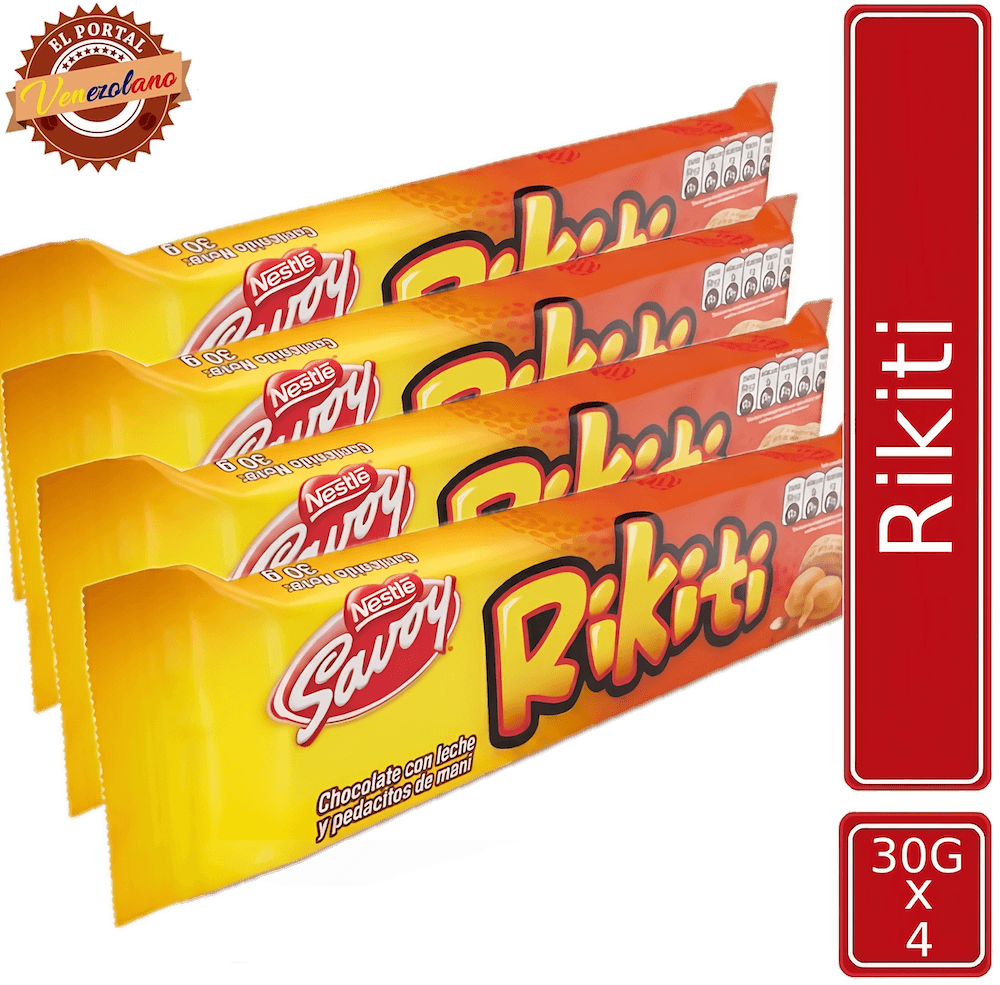 Pack de 4 chocolates Rikiti 27g venezolano, disponible en Colombia