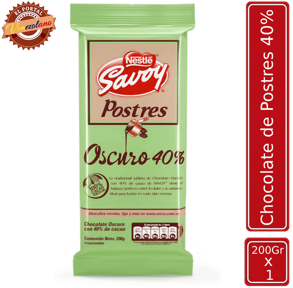 Chocolate de postre Savoy Verde 40% 200g venezolano, disponible en Colombia