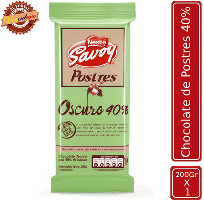 Chocolate de postre Savoy Verde 40% 200g venezolano, disponible en Colombia