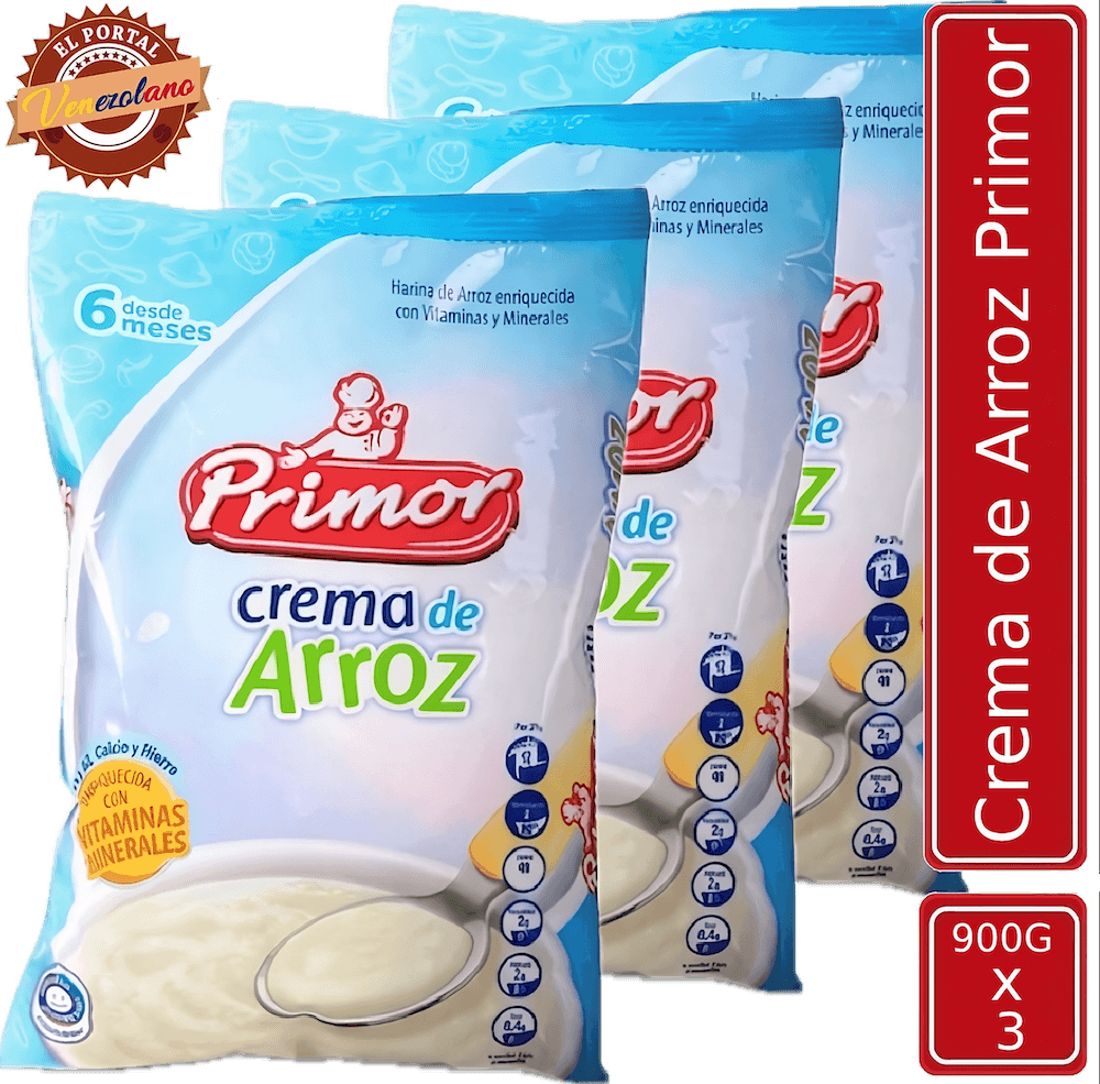 Pack de 3 crema de arroz Primor en bolsa 900g venezolana, disponible en Colombia