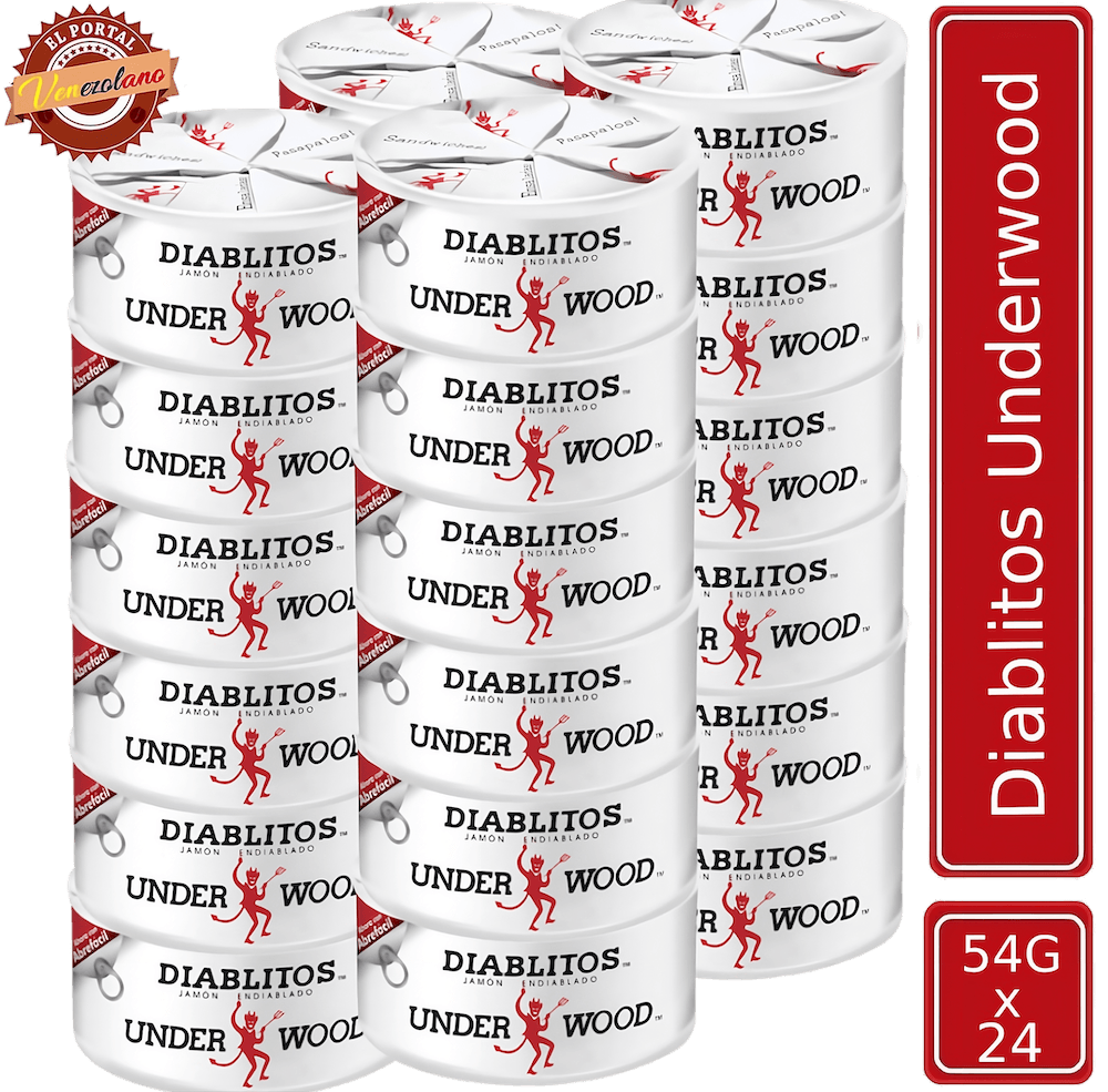 Pack de 24 Diablitos Underwood 54g de jamón endiablado venezolano, disponible en Colombia