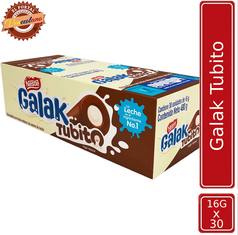 GALAK Tubito Barra Sabor a Chocolate con Relleno Sabor a Leche Venezuela x 30 Unidades