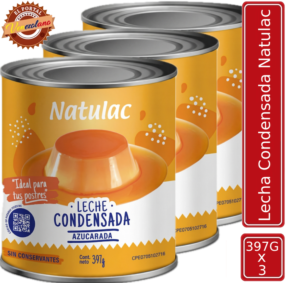 Pack de 3 leche condensada Natulac 397g venezolana, disponible en Colombia