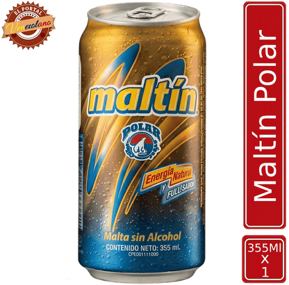Maltín Polar lata 355 ml venezolana, disponible en Colombia