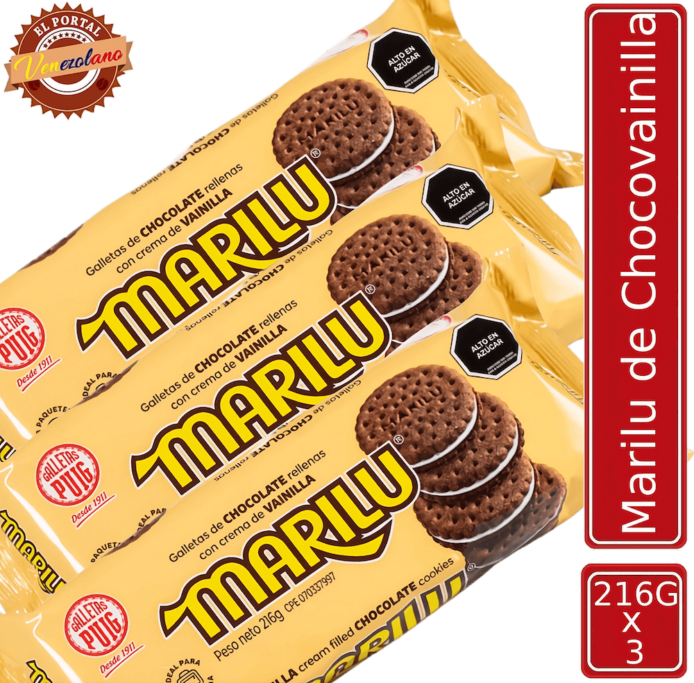 Pack de 3 galletas Marilú choco vainilla Puig venezolanas, disponible en Colombia