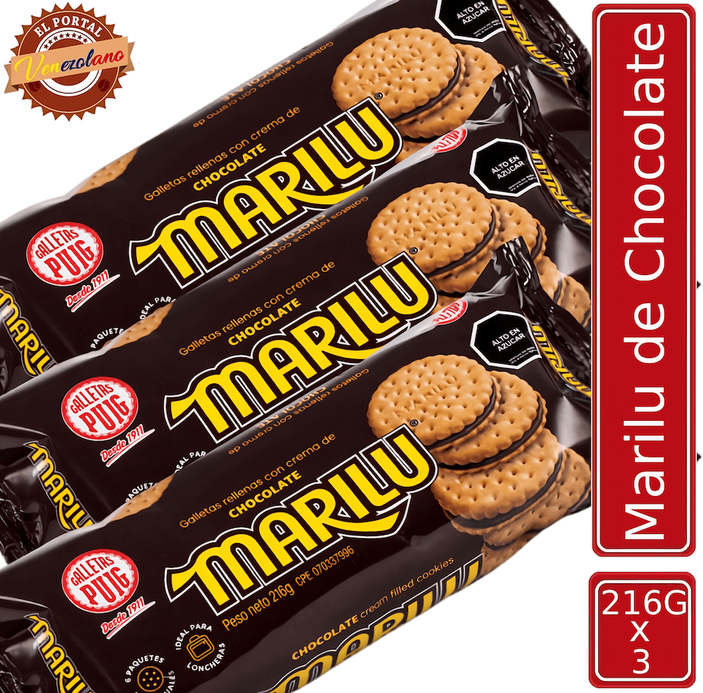 Pack de 3 galletas Marilú de chocolate Puig venezolanas, disponible en Colombia