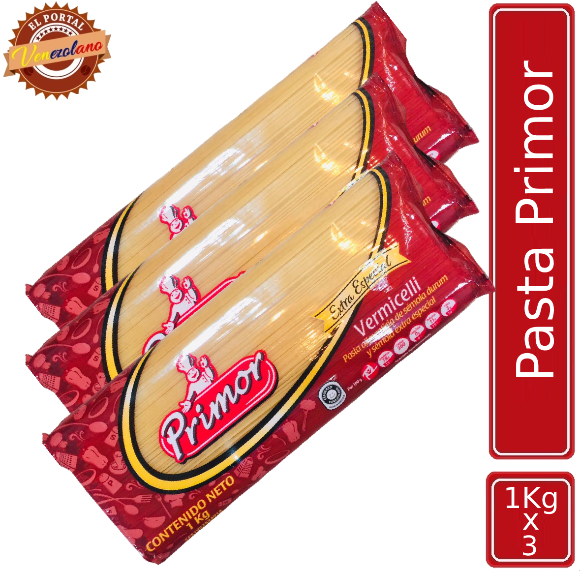 Pack de 3 pasta larga vermicelli Primor 1kg venezolana, disponible en Colombia