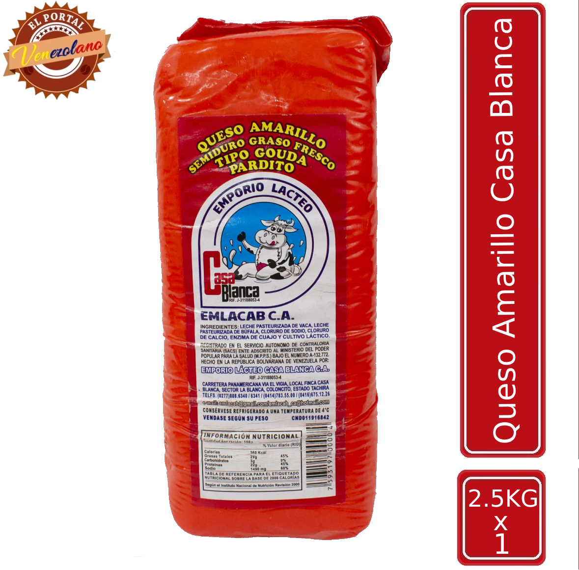 Bloque de Queso Amarillo Casa Blanca 2.5 Kg Venezuela