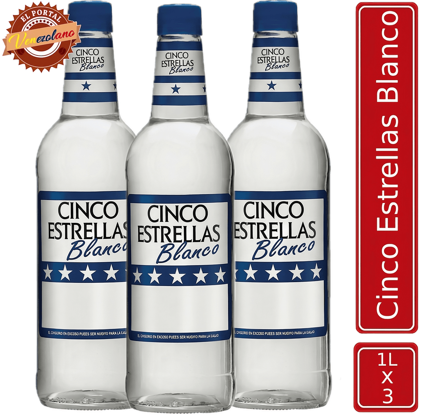 Pack de 3 ron Cinco Estrellas Blanco 1 litro venezolano, disponible en Colombia