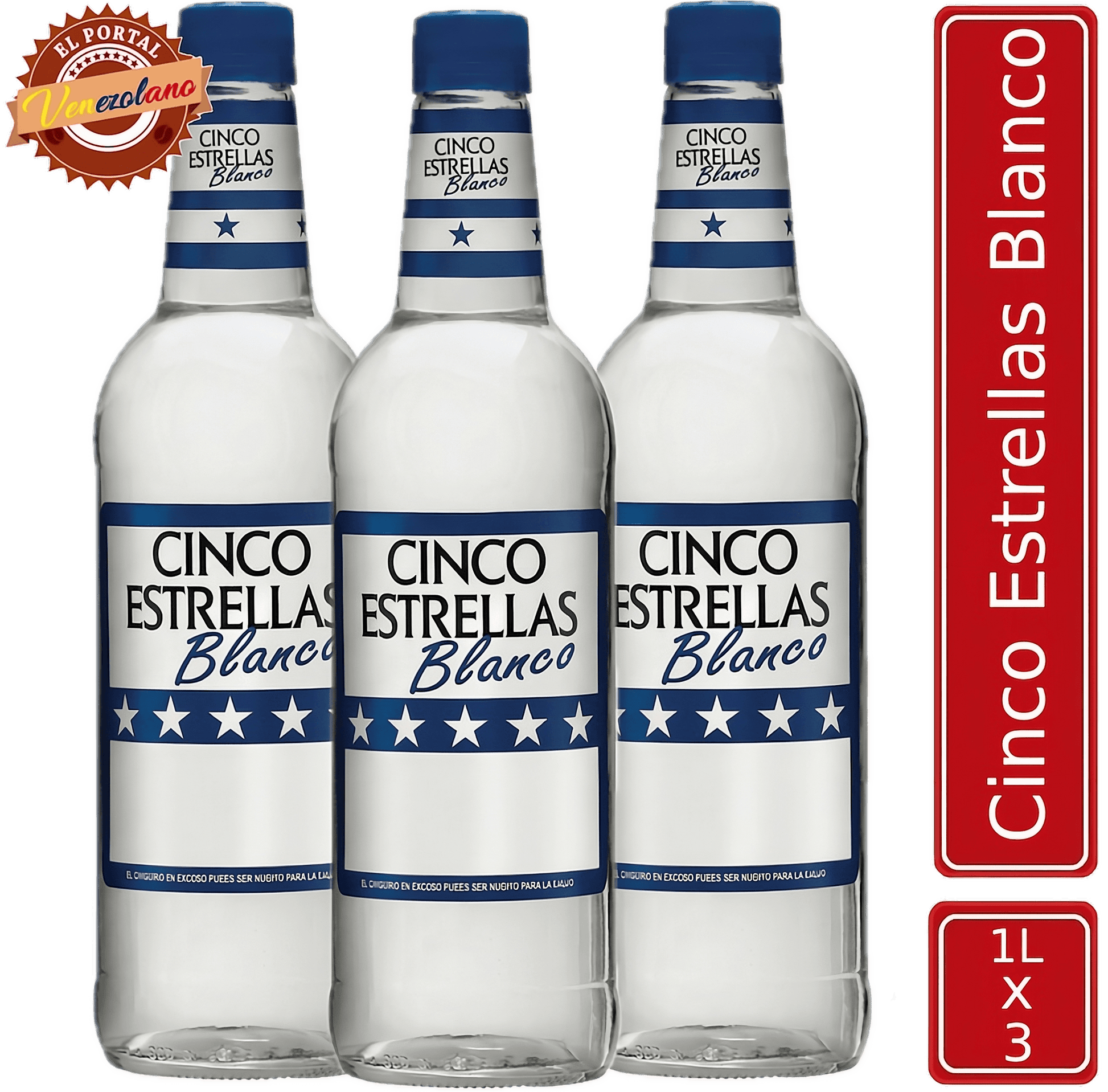 Pack de 3 ron Cinco Estrellas Blanco 1 litro venezolano, disponible en Colombia