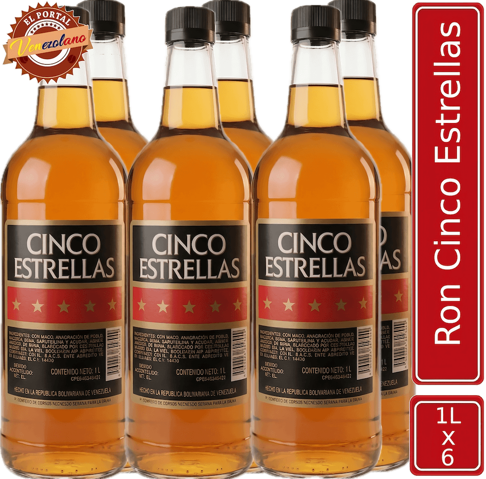 Pack de 6 ron Cinco Estrellas 1 litro venezolano, disponible en Colombia