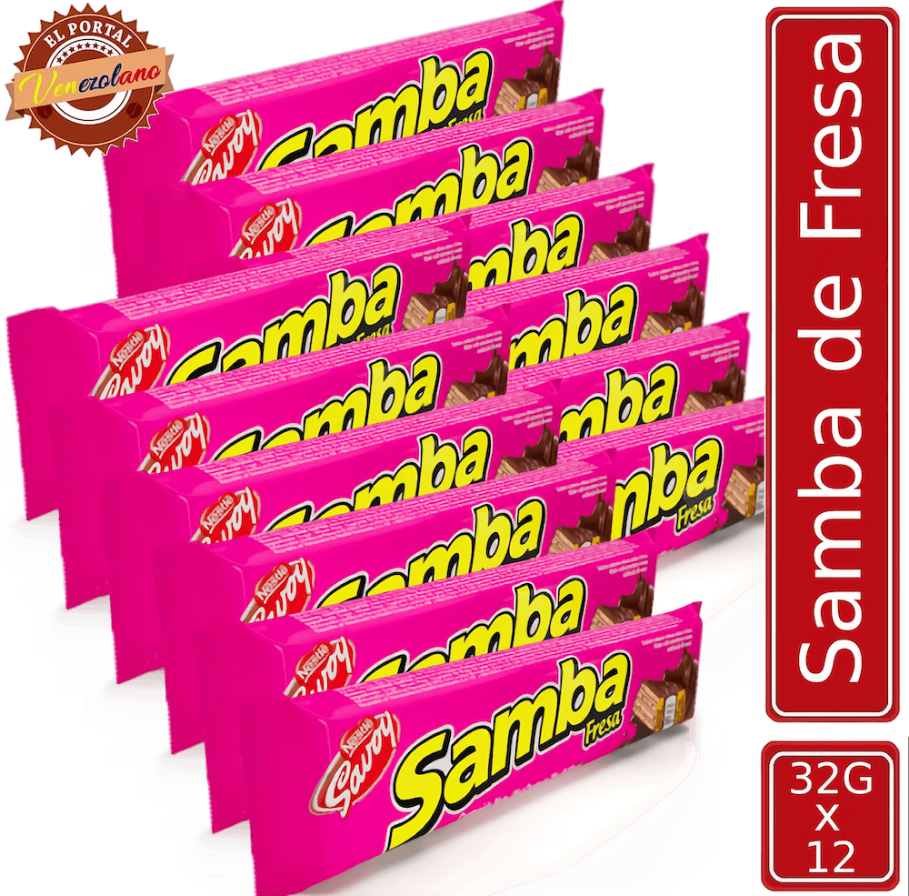 Pack de 12 Samba wafer de fresa venezolano, disponible en Colombia