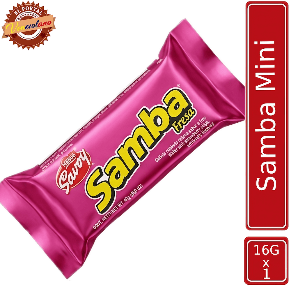 Samba Mini wafer de fresa venezolano, disponible en Colombia