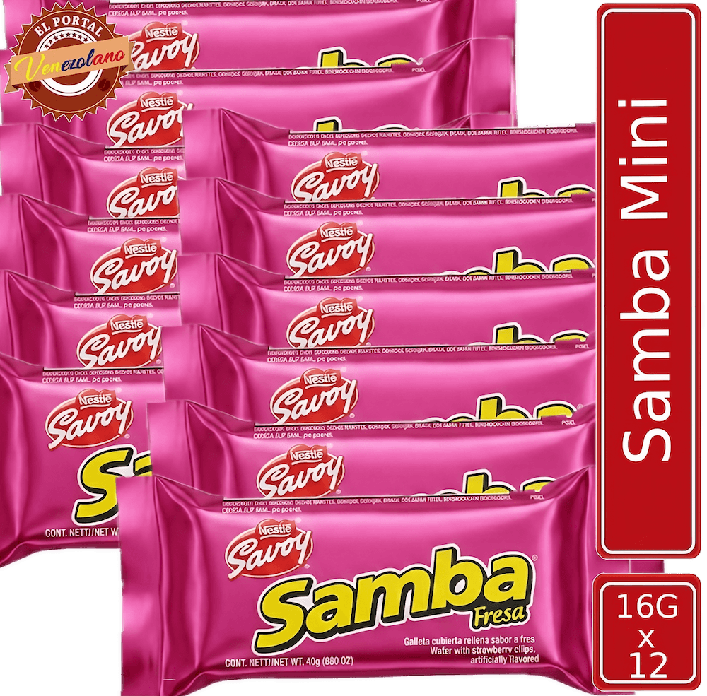 Pack de 12 Samba Mini wafer de fresa venezolano, disponible en Colombia