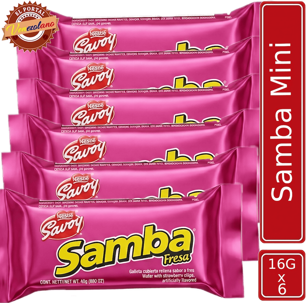 Pack de 6 Samba Mini wafer de fresa venezolano, disponible en Colombia