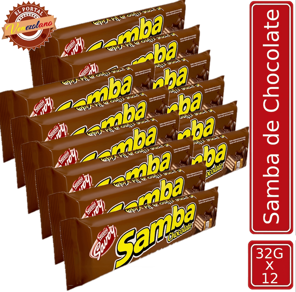 Pack de 12 Samba wafer de chocolate venezolano, disponible en Colombia
