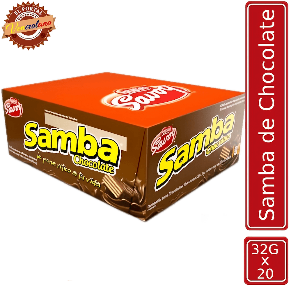 Pack de 20 Samba wafer de chocolate venezolano, disponible en Colombia