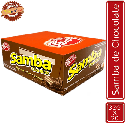 Pack de 20 Samba wafer de chocolate venezolano, disponible en Colombia