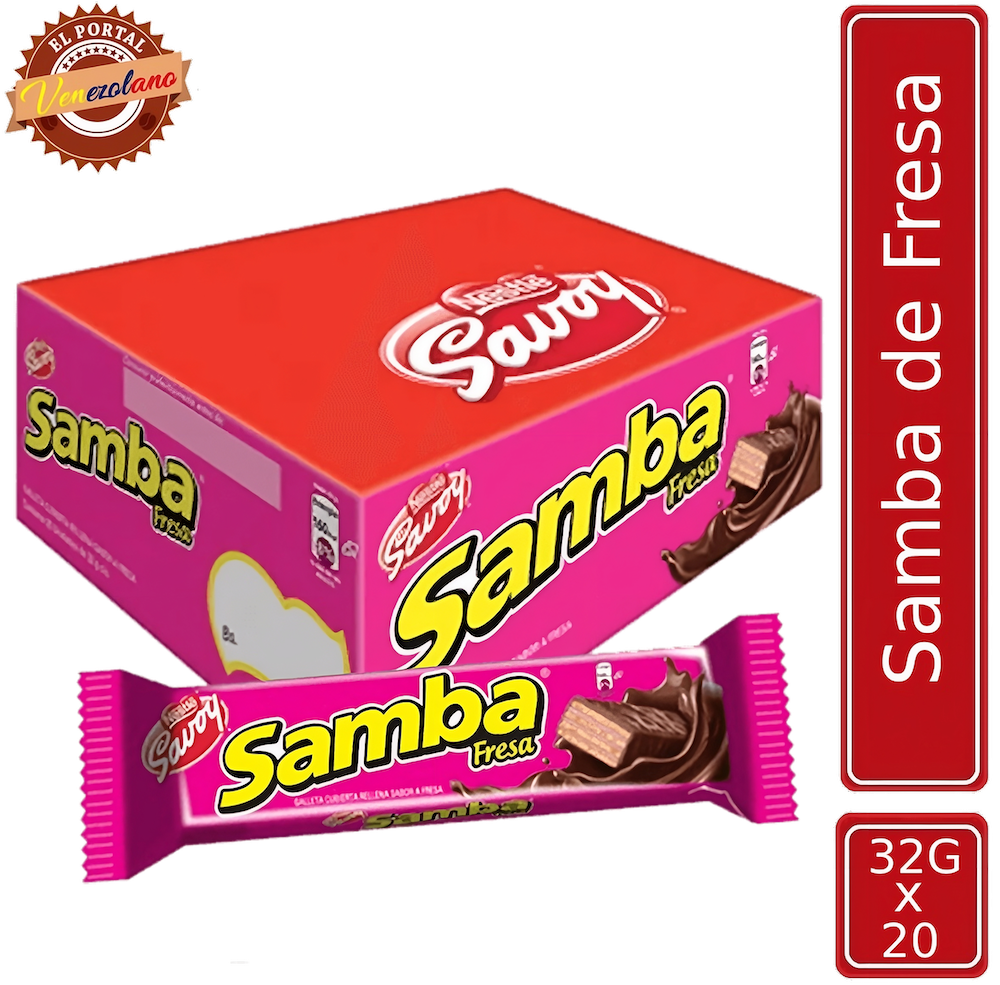 Pack de 20 Samba wafer de fresa venezolano, disponible en Colombia
