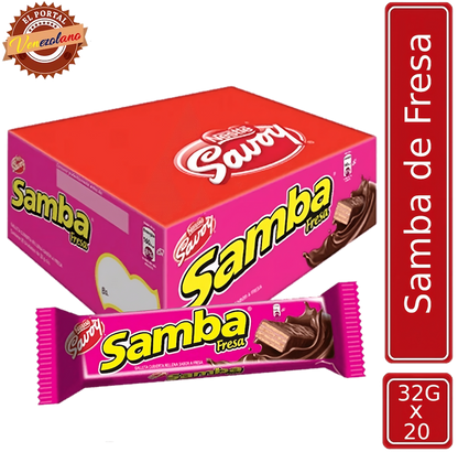Pack de 20 Samba wafer de fresa venezolano, disponible en Colombia