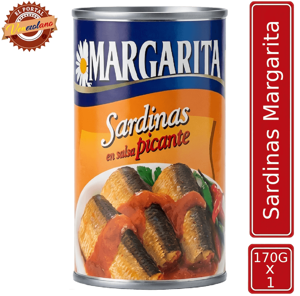Sardina Margaritas 170g en salsa picante venezolana, disponible en Colombia