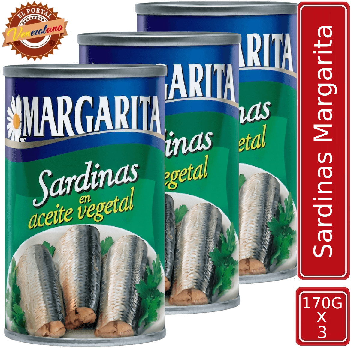 Pack de 3 sardina Margaritas 170g en aceite vegetal venezolana, disponible en Colombia