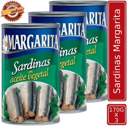 Pack de 3 sardina Margaritas 170g en aceite vegetal venezolana, disponible en Colombia