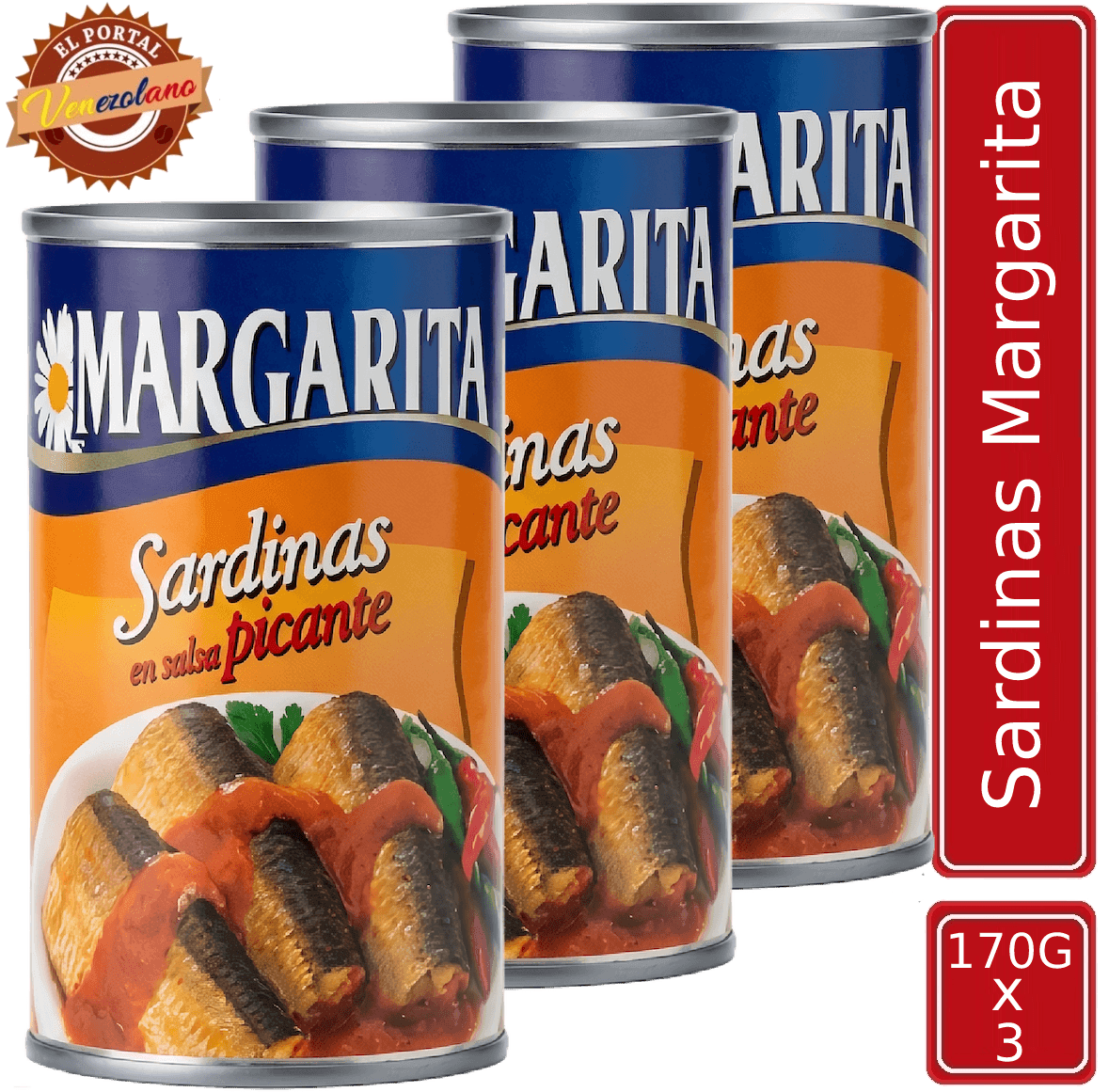 Pack de 3 sardina Margaritas 170g en salsa picante venezolana, disponible en Colombia