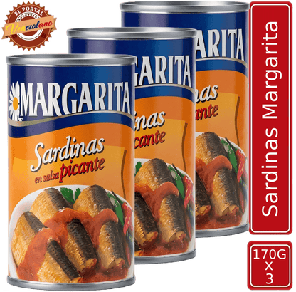 Pack de 3 sardina Margaritas 170g en salsa picante venezolana, disponible en Colombia