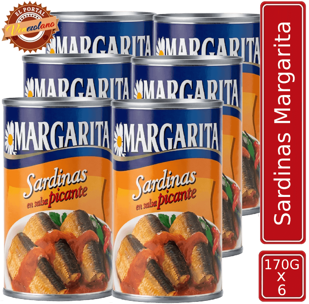 Pack de 6 sardina Margaritas 170g en salsa picante venezolana, disponible en Colombia