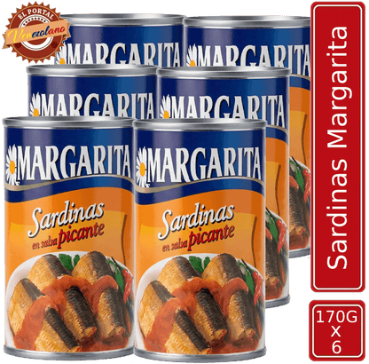 Pack de 6 sardina Margaritas 170g en salsa picante venezolana, disponible en Colombia