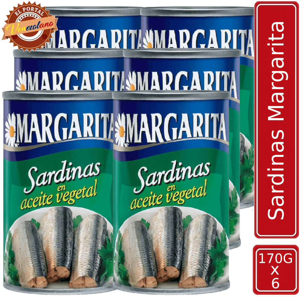Pack de 6 sardina Margaritas 170g en aceite vegetal venezolana, disponible en Colombia