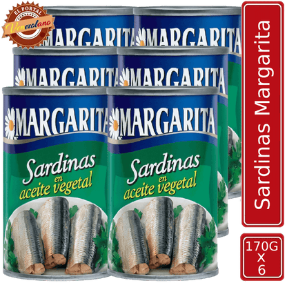 Pack de 6 sardina Margaritas 170g en aceite vegetal venezolana, disponible en Colombia